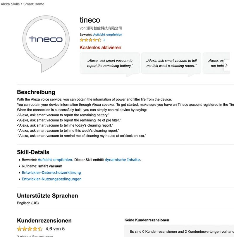 Tineco Skill on Amazon Alexa
